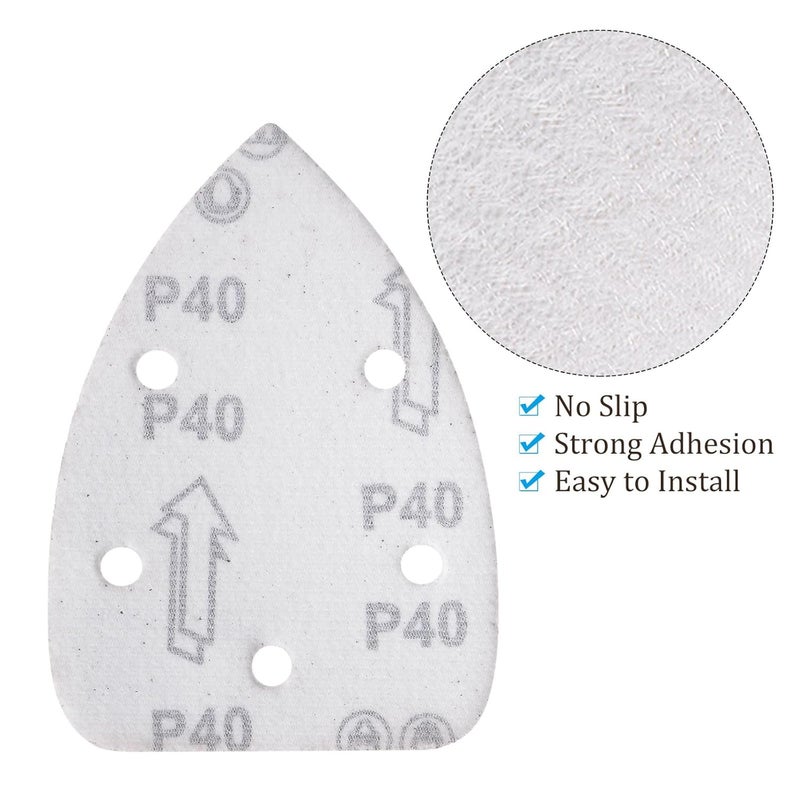 Kozelo 25pcs Mouse Sander Detail Sandpaper - [40 Grit, 3.5" x 5.5"] Triangle Hook and Loop Assorted Sanding Pads Sheet for Wood Furniture Polishing Use | 5 Hole, Aluminum Oxide - Image 5